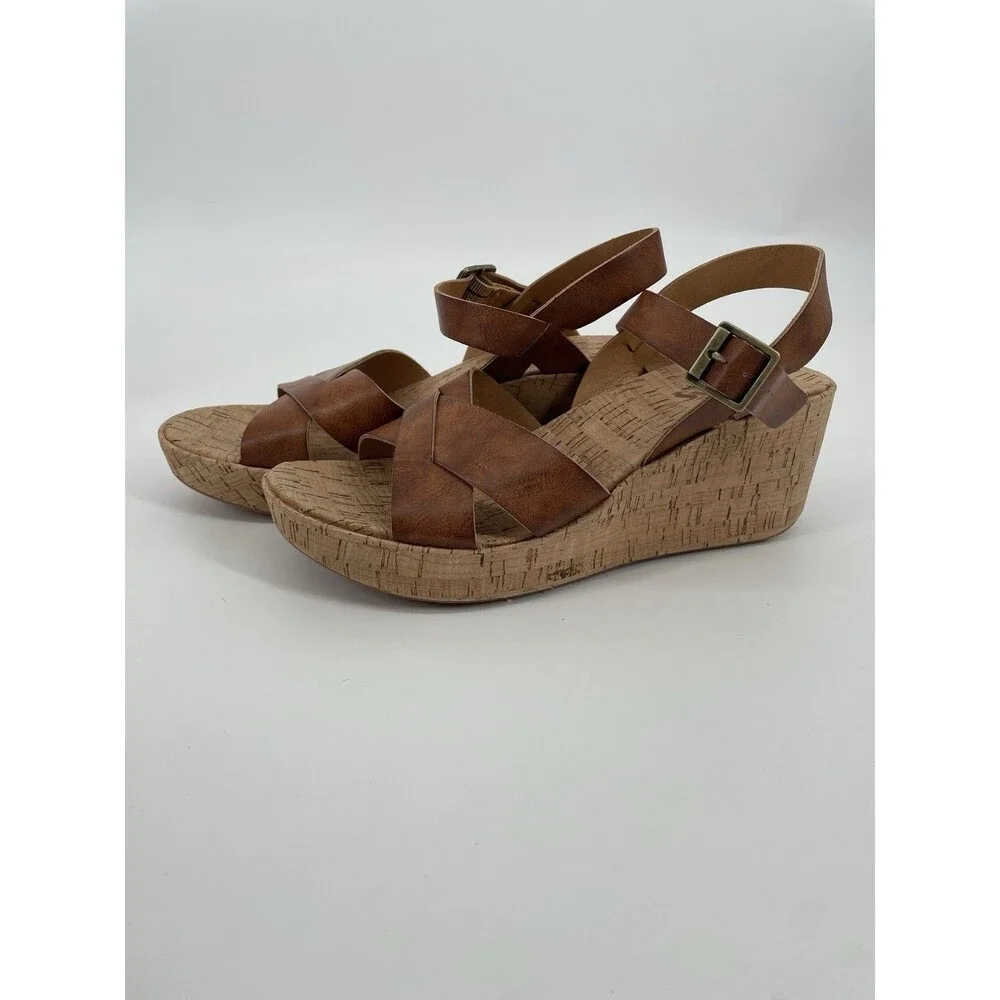 Korks Denica Crisscross Tan Faux Leather Cork Platform Wedge Boho Sandals 9M